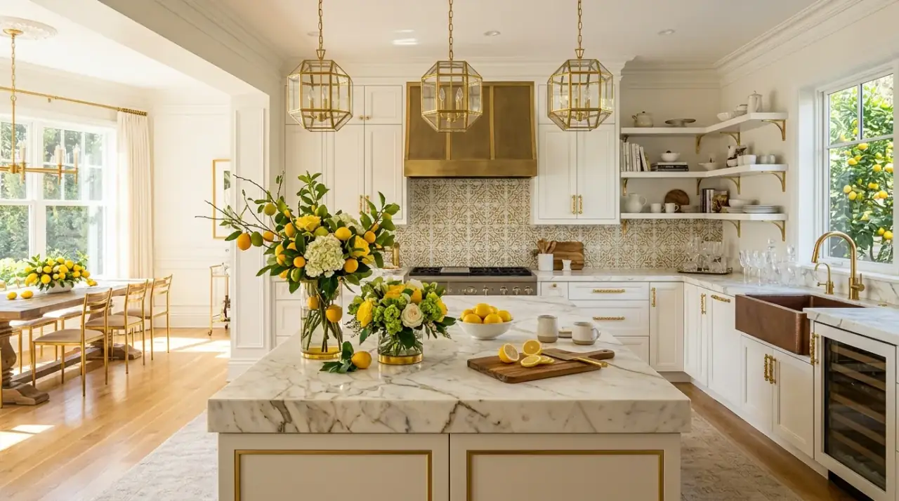 Lemon kitchen overview. Fresh lemon kitchen decor creating a bright zesty and welcoming cookspace.