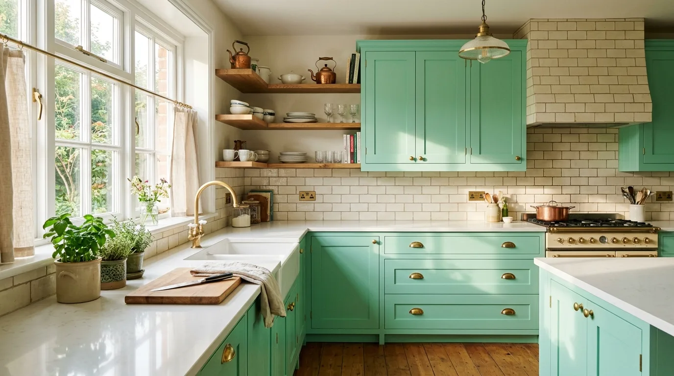 Fresh mint green shaker kitchen cabinets with brass hardware, white countertops, and warm morning light.