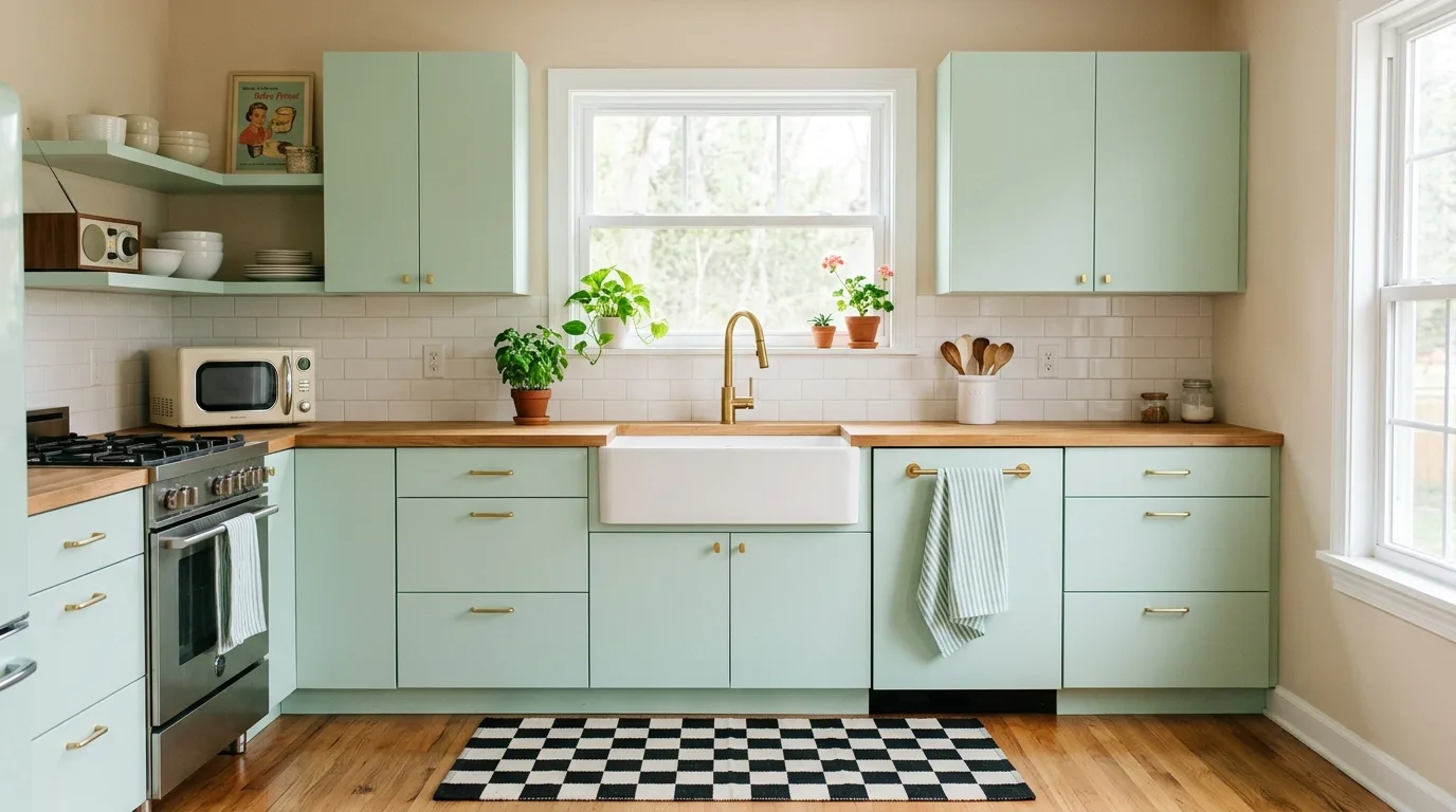 Pastel mint flat-panel kitchen cabinets. Warm oak floors, farmhouse sink, matte gold faucet, and checkerboard rug.