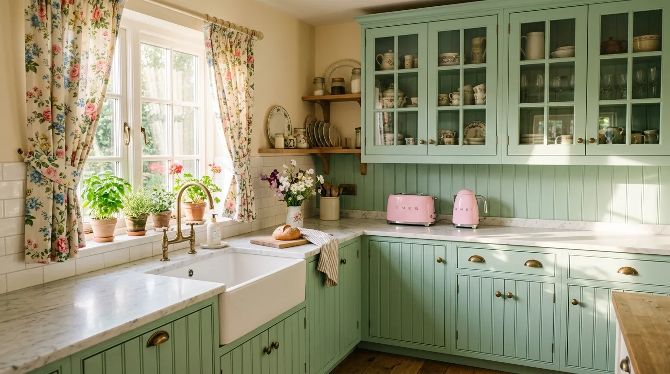 Mint green beadboard cabinets. Glass upper doors, marble countertops, floral curtains, and vintage accessories.