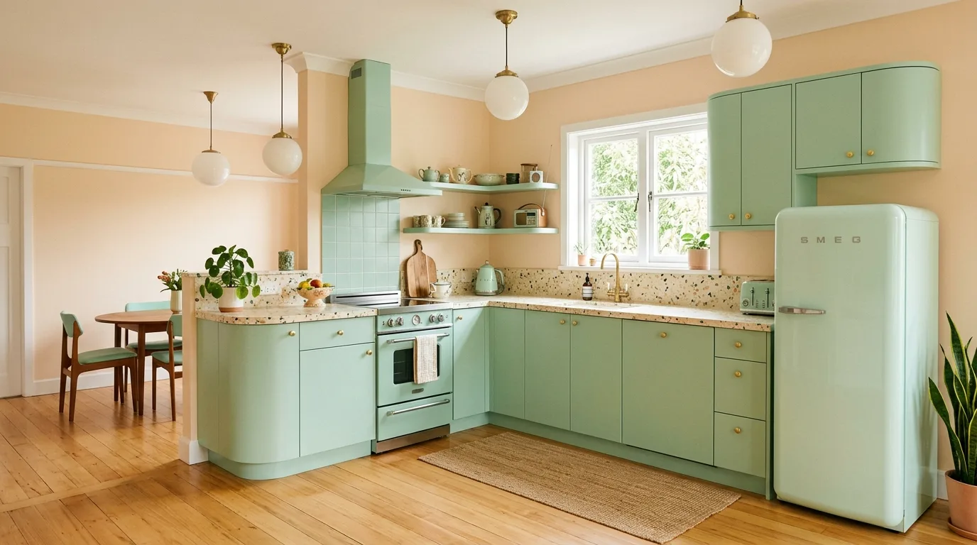 Elegant mint green cabinets with rounded corners. Cream terrazzo counters, retro refrigerator, and pale peach walls.