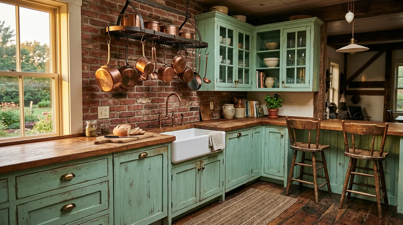 Rustic distressed mint green cabinets. Butcher block counters, exposed brick backsplash, and copper pots.