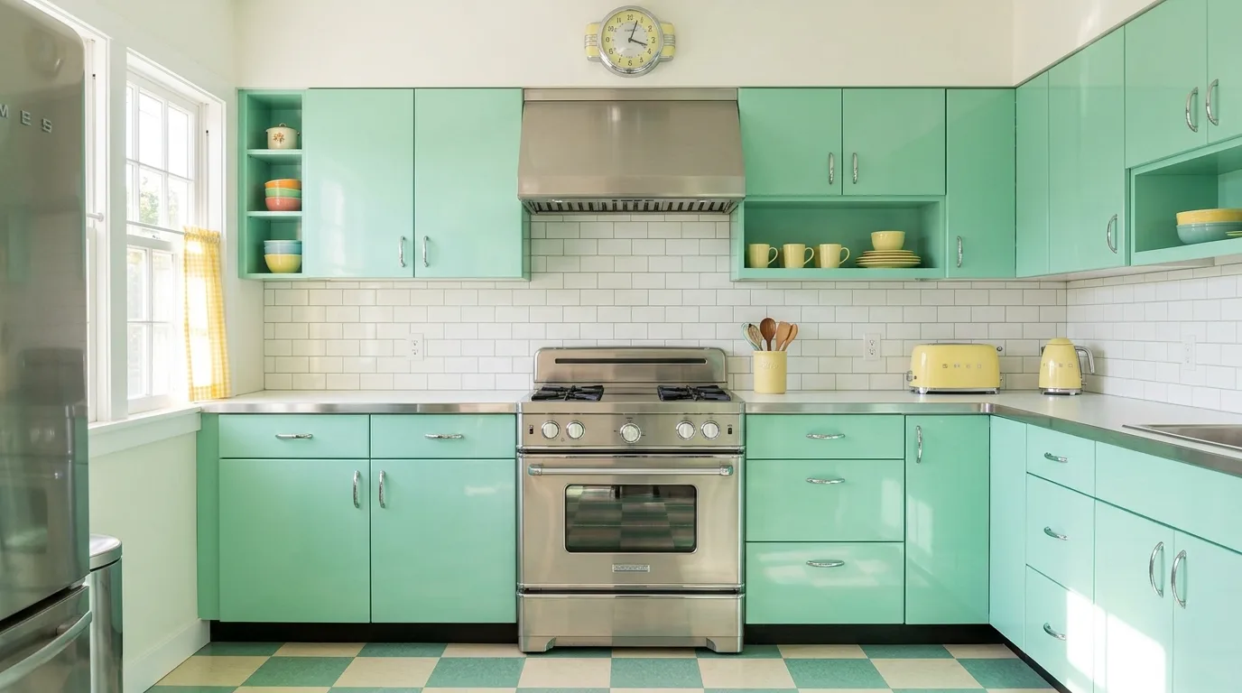 Glossy mint slab cabinets. Chrome hardware, white backsplash, and a vintage-style oven.