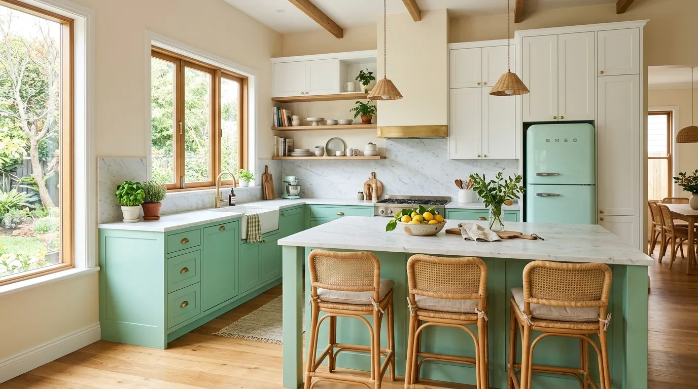 Mint lower cabinets with white upper cabinets. Marble island, rattan stools, and soft cream walls.