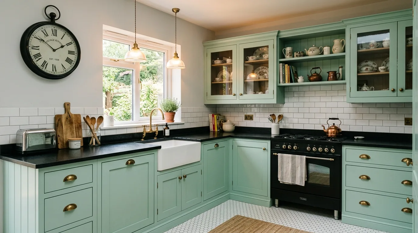 Classic mint inset kitchen cabinets. Black countertops, white hexagon floor tiles, and retro lighting.