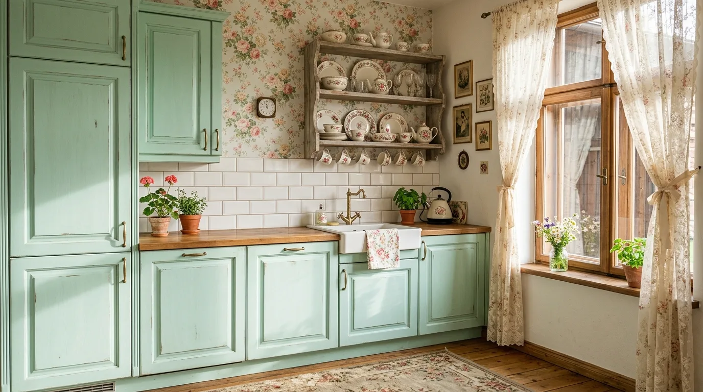 Soft mint cabinets with floral wallpaper. Open shelving, vintage dishes, lace curtains, and ceramic backsplash.
