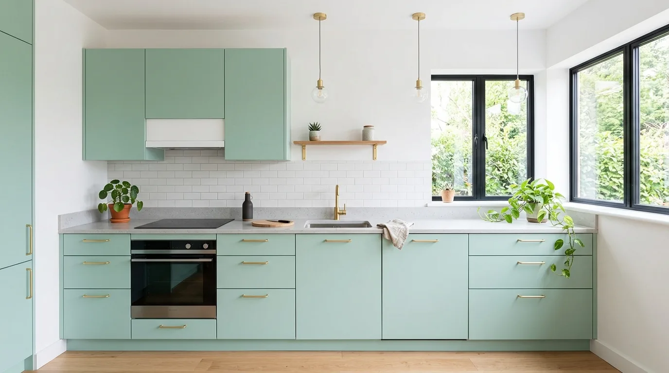 Minimal matte mint cabinets. Slim brass pulls, light gray counters, and a simple pendant light.
