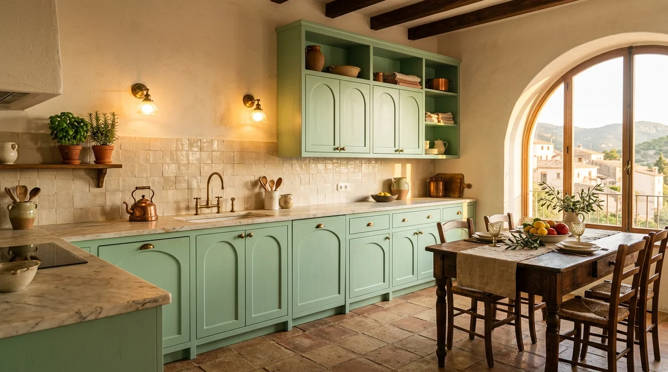 Mint cabinets with arched doors. Terracotta floors, brass sconces, and creamy beige backsplash.