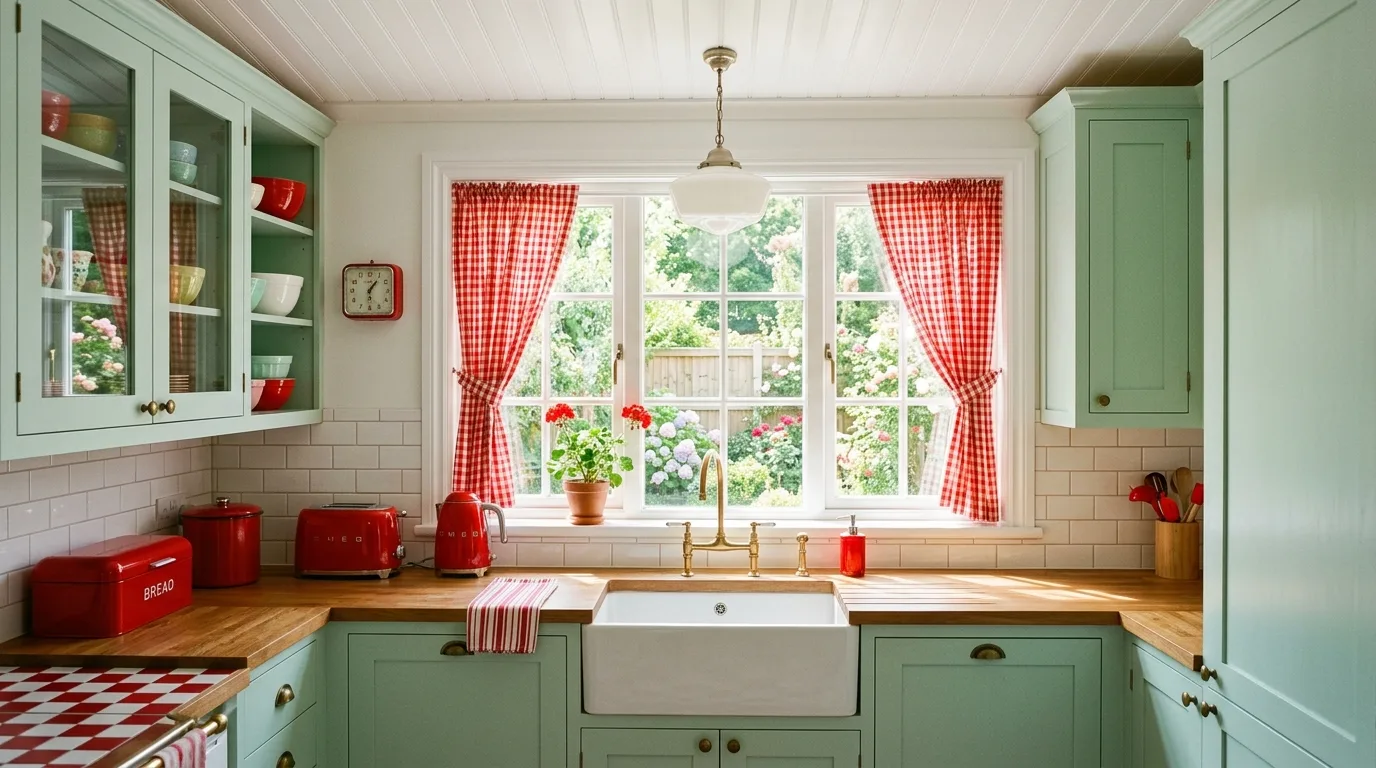 Pale mint cabinets with retro red accessories. Beadboard ceiling, porcelain sink, and checkered curtains.