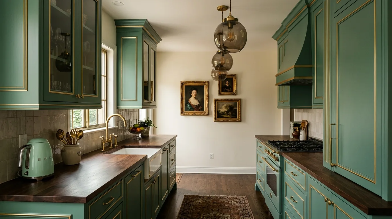 Deep mint green cabinets with gold trim. Dark walnut counters, smoked glass pendants, and moody retro glam styling.