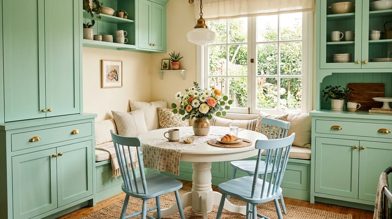Mint kitchen cabinets around a breakfast nook. White round table, pastel chairs, floral centerpiece, and natural sunlight.