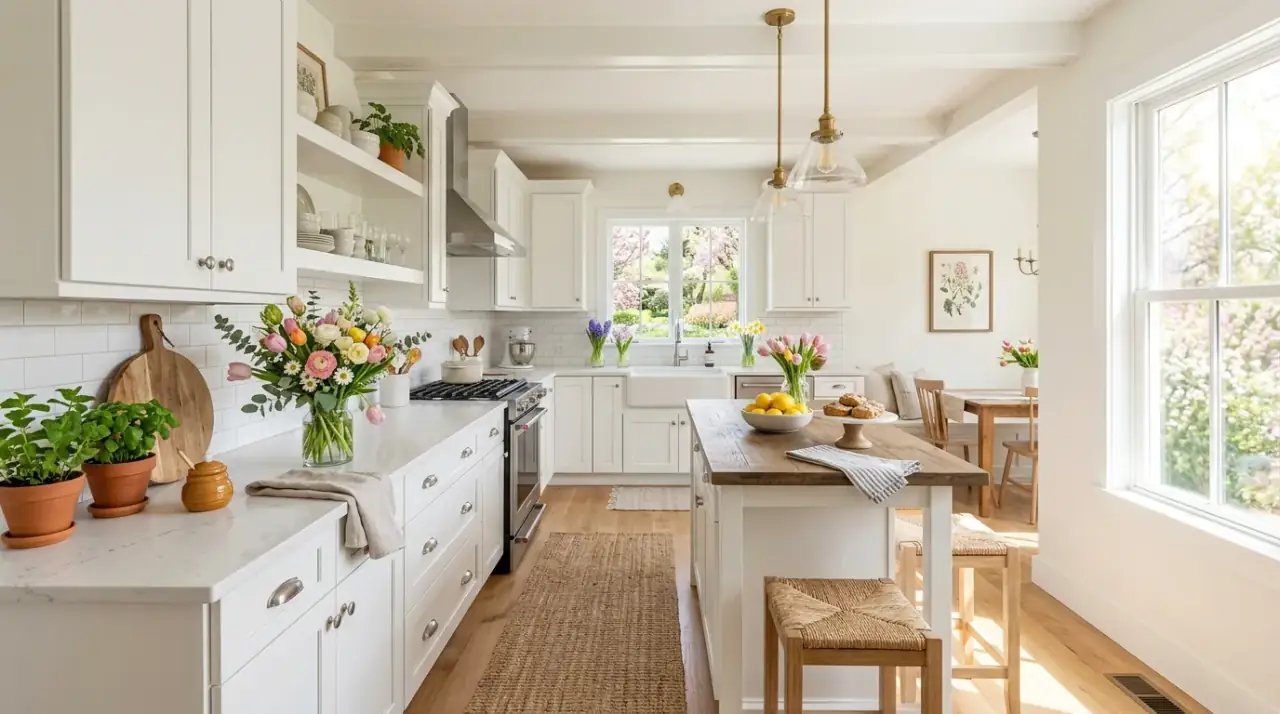 Fresh spring kitchen decor bringing seasonal renewal through color, flowers, and light styling.