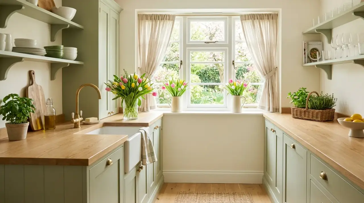 Spring kitchen textiles. Kitchen refreshed for spring with lighter towels and soft linens.