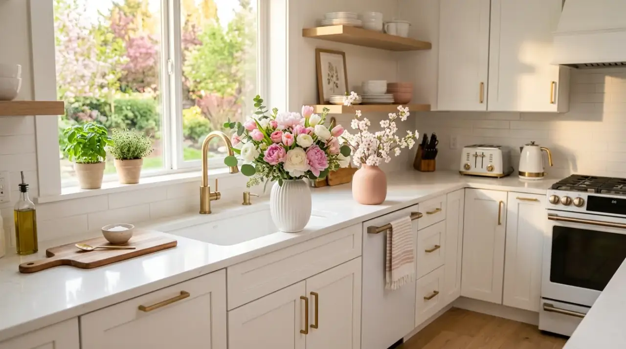 Spring greenery kitchen decor. Fresh spring kitchen decor using greenery and herbs for renewal.