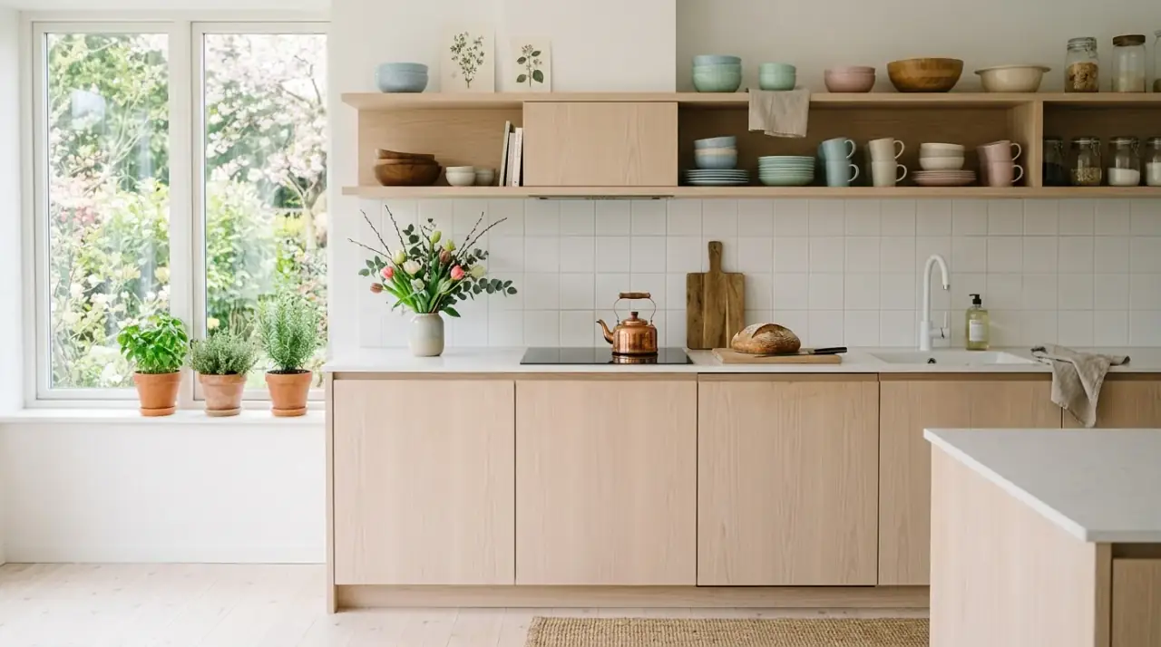 Spring styled kitchen shelves. Open kitchen shelves refreshed with airy spring decor and lighter objects.