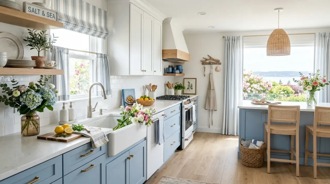 Spring kitchen window refresh. Kitchen brightened for spring with lighter window treatment and more daylight.