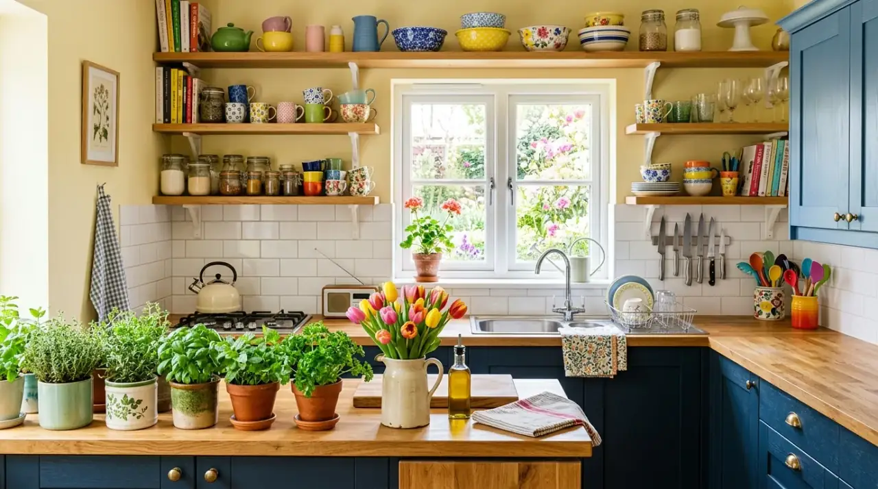 Spring accessory swap kitchen. Kitchen refreshed for spring with lighter wood and ceramic accessories.