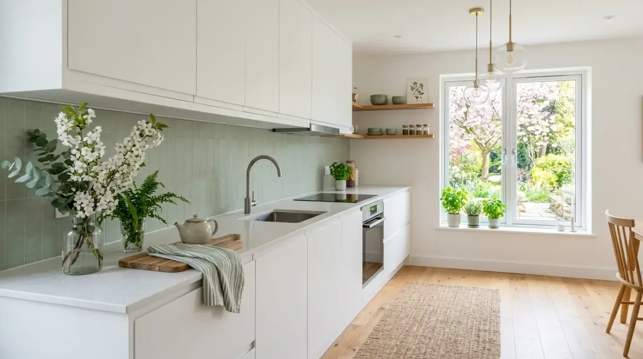 Functional spring kitchen decor. Spring kitchen decor that stays fresh while keeping the room easy to use.