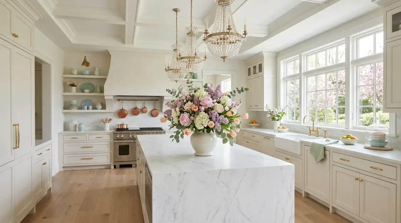 Spring kitchen overview. Fresh spring kitchen decor bringing a seasonal sense of renewal and lightness.