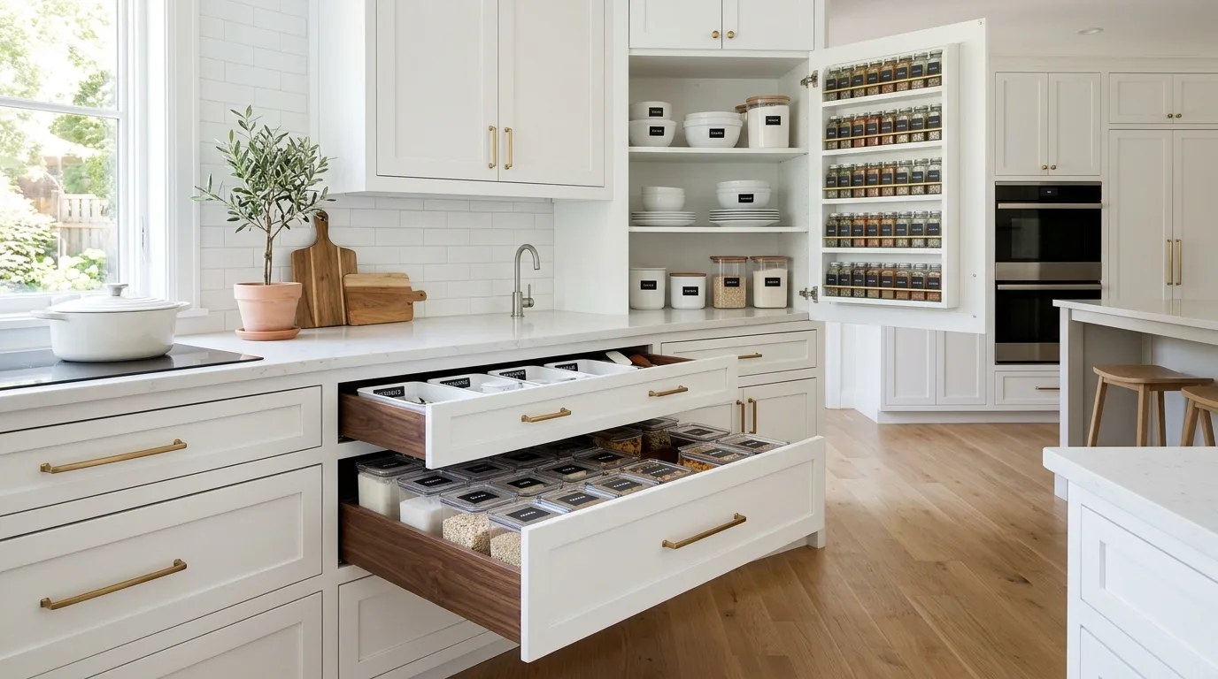Organized kitchen cabinets with pull-outs, dividers, and clutter-free storage solutions.