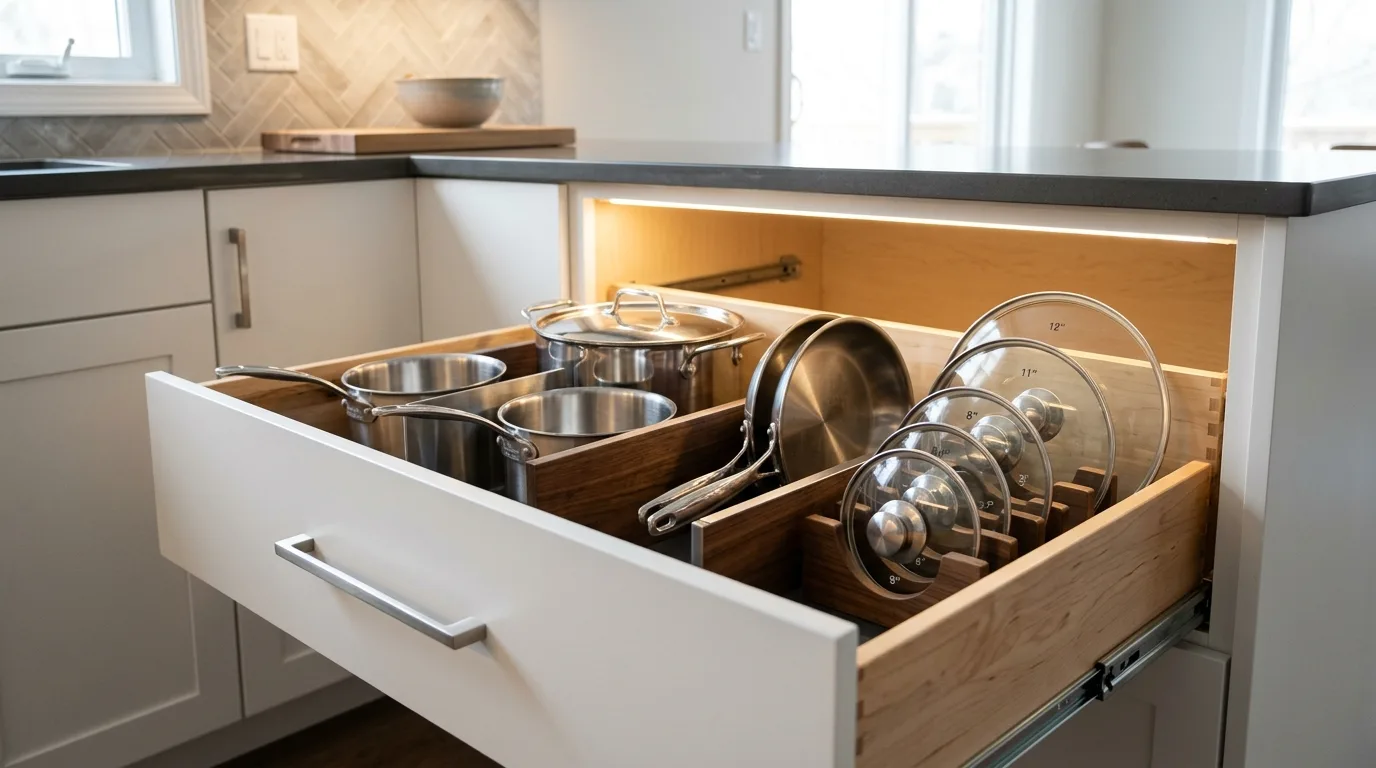 Vertical divider storage inside kitchen cabinet. Trays and boards organized in clutter-free upright slots.