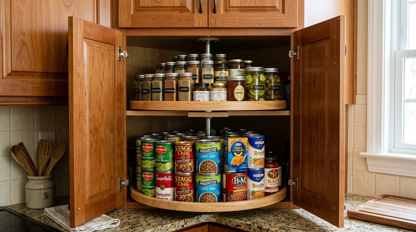 Tiered risers inside organized kitchen cabinet. Better mug and can visibility in clutter-free storage.