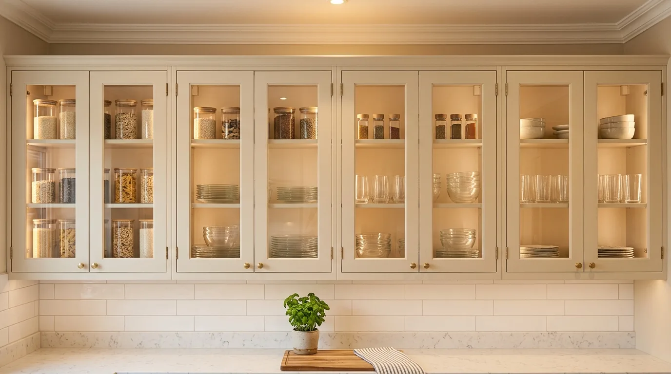Kitchen cabinet organized for food containers. Matching bins and separated lids for clutter-free storage.