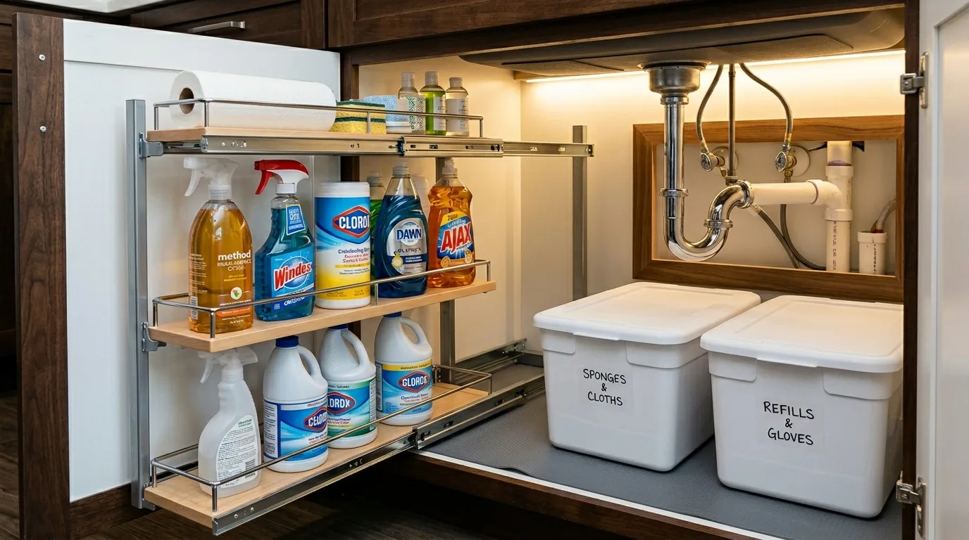 Turntable organizer inside kitchen cabinet. Easy access storage for oils, sauces, and jars.