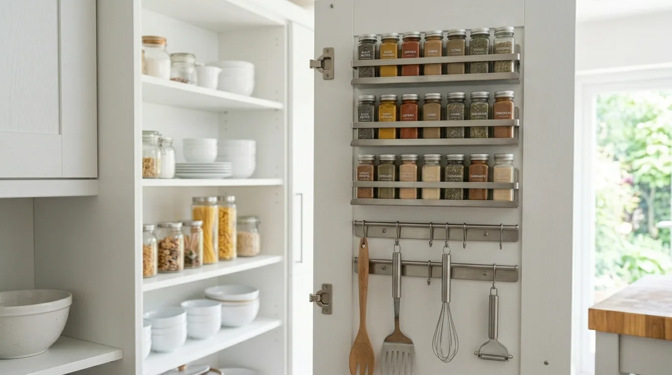 Stacking shelf inserts in kitchen cabinet. Double-level storage for a cleaner cabinet interior.