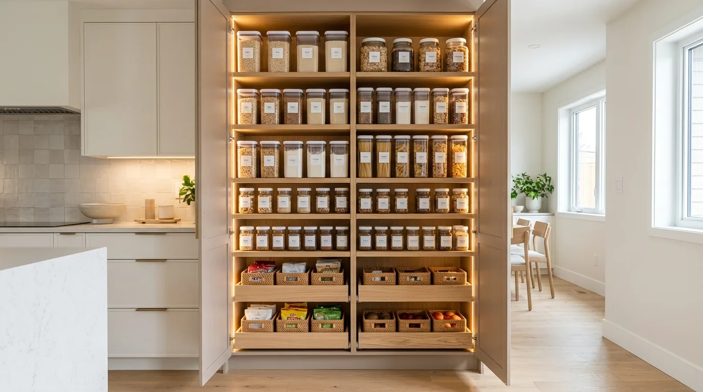 Under-sink kitchen cabinet with organized caddies. Cleaning supplies grouped neatly in clutter-free storage.