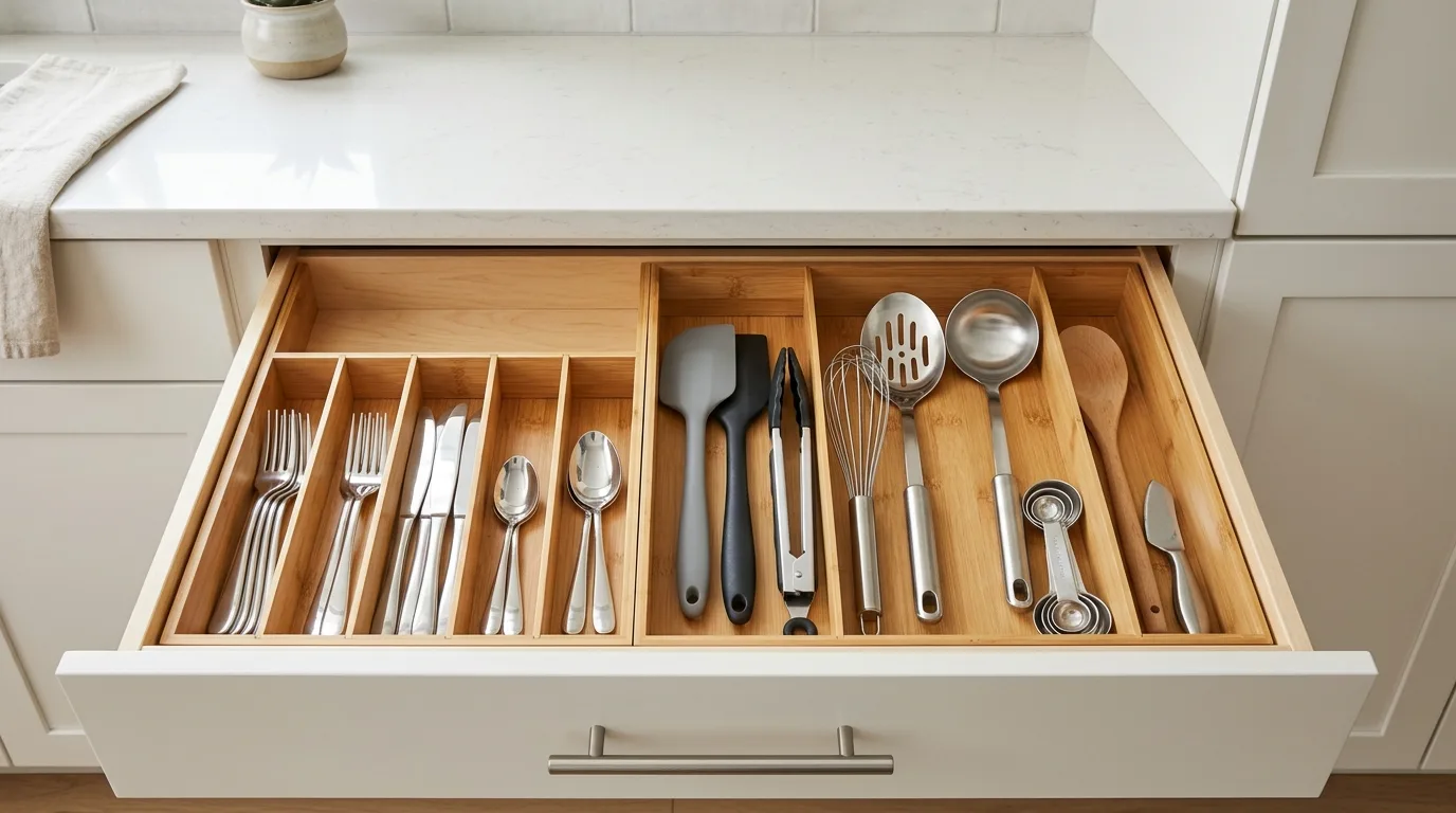 Organized baking cabinet in kitchen. Small zones for tools and ingredients in clutter-free storage.