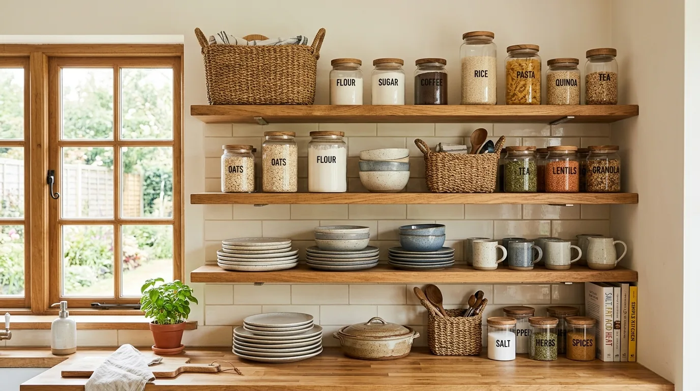 Kid-friendly kitchen snack cabinet. Reachable bins and organized clutter-free family storage.