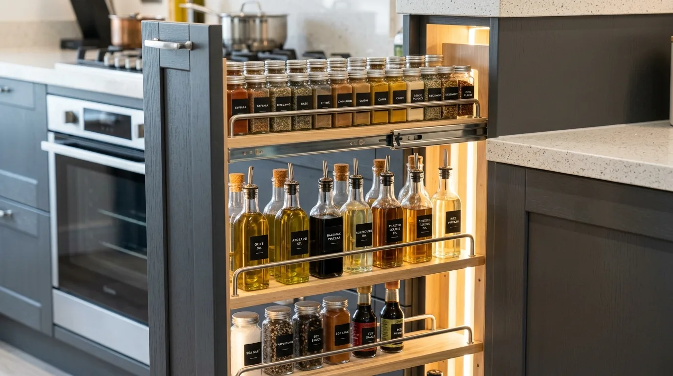 Kitchen cabinet organized for glassware. Height-based arrangement for safer and clearer storage.