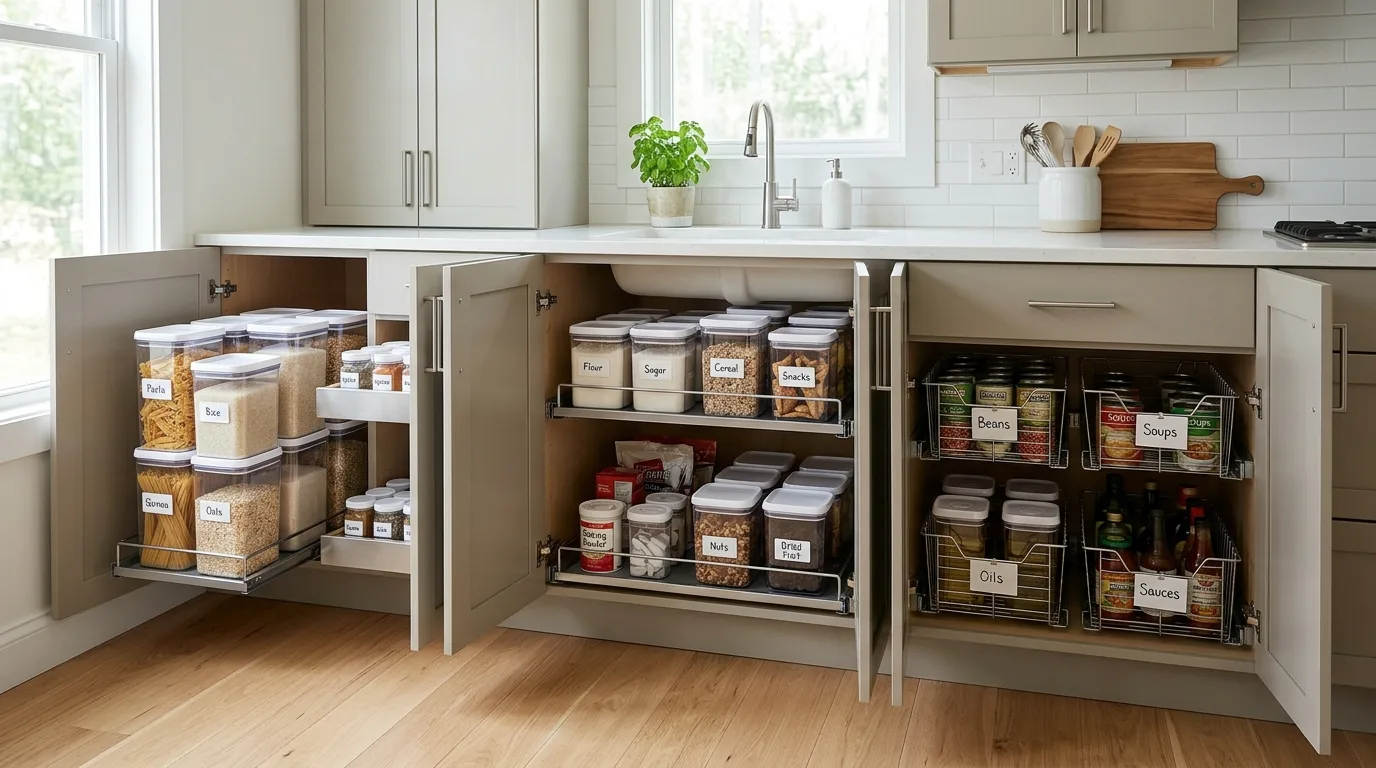Kitchen pot cabinet with lid rack. Cookware stored neatly in a clutter-free cabinet system.