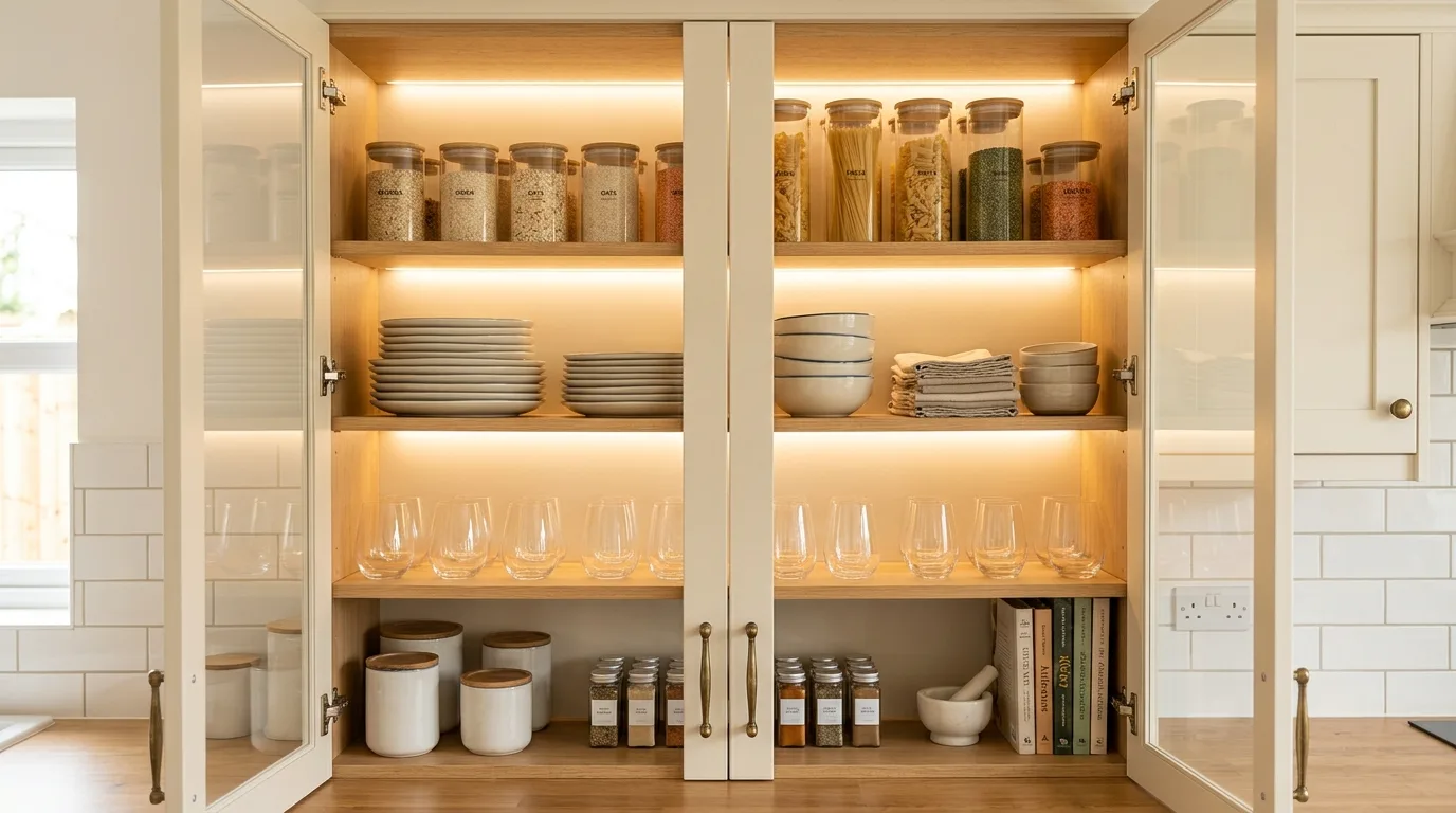 Kitchen cabinet appliance garage. Hidden small-appliance storage for a clutter-free look.