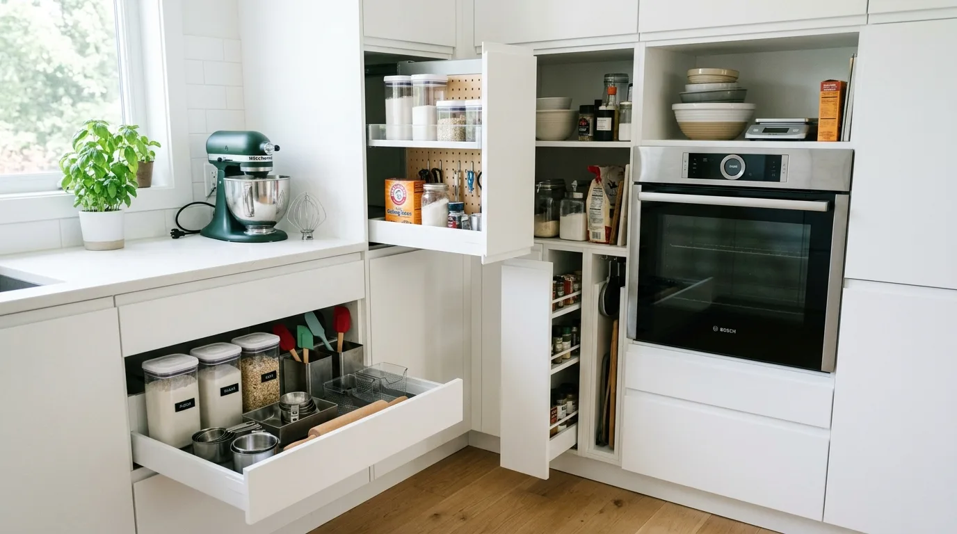 Labeled kitchen cabinet organization system. Shared clutter-free storage with clear cabinet categories.