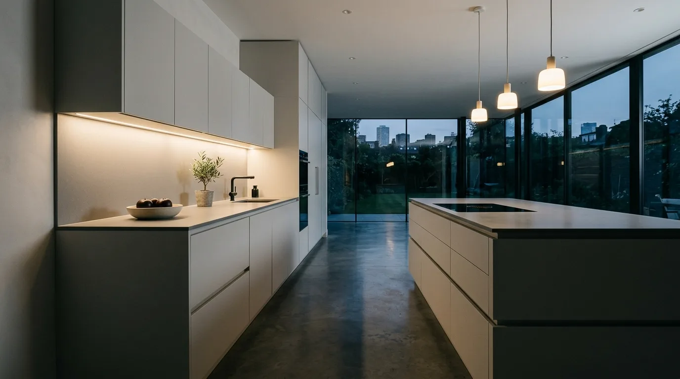 Kitchen cabinets organized around cooking flow. Practical clutter-free storage planned by daily use.