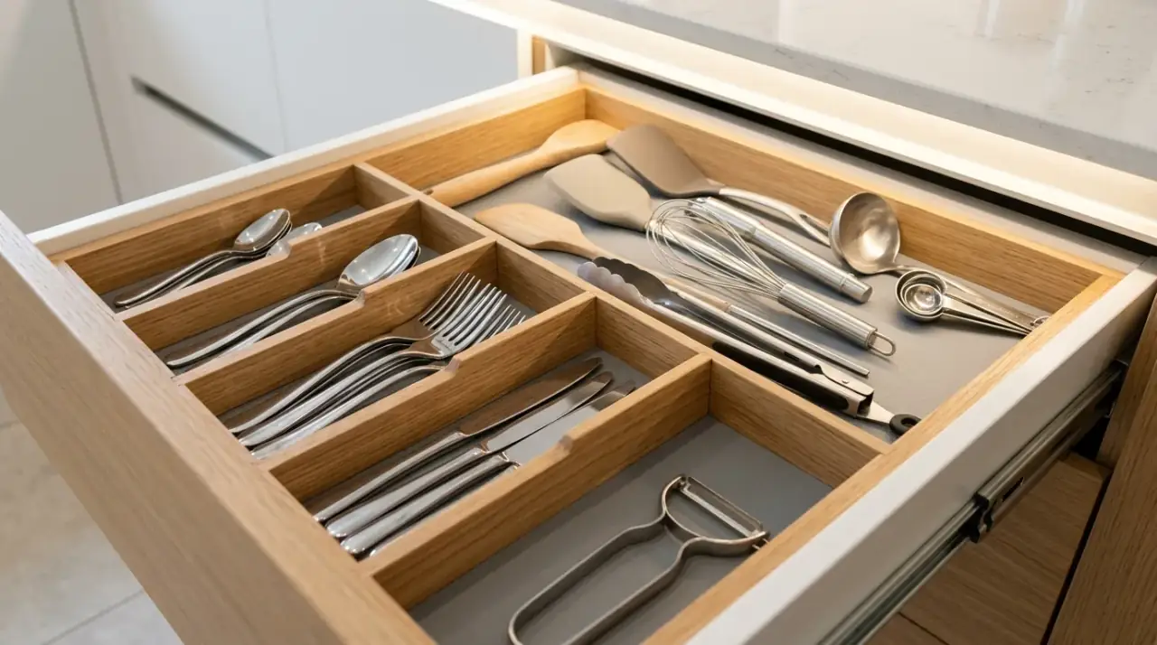 Clear bin kitchen organization. Efficient kitchen organization using clear bins for grouped storage.