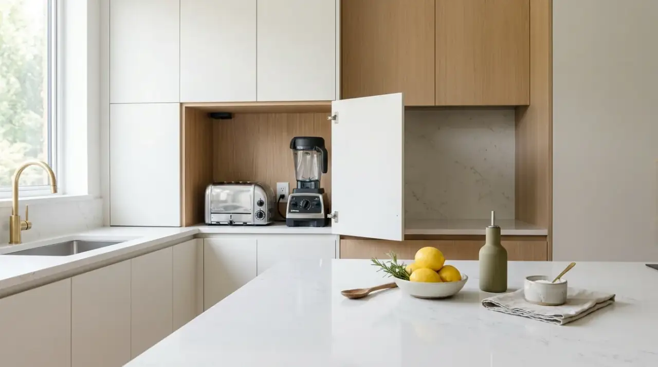 Selective decanting kitchen. Tidy kitchen organization with selective decanted pantry items.