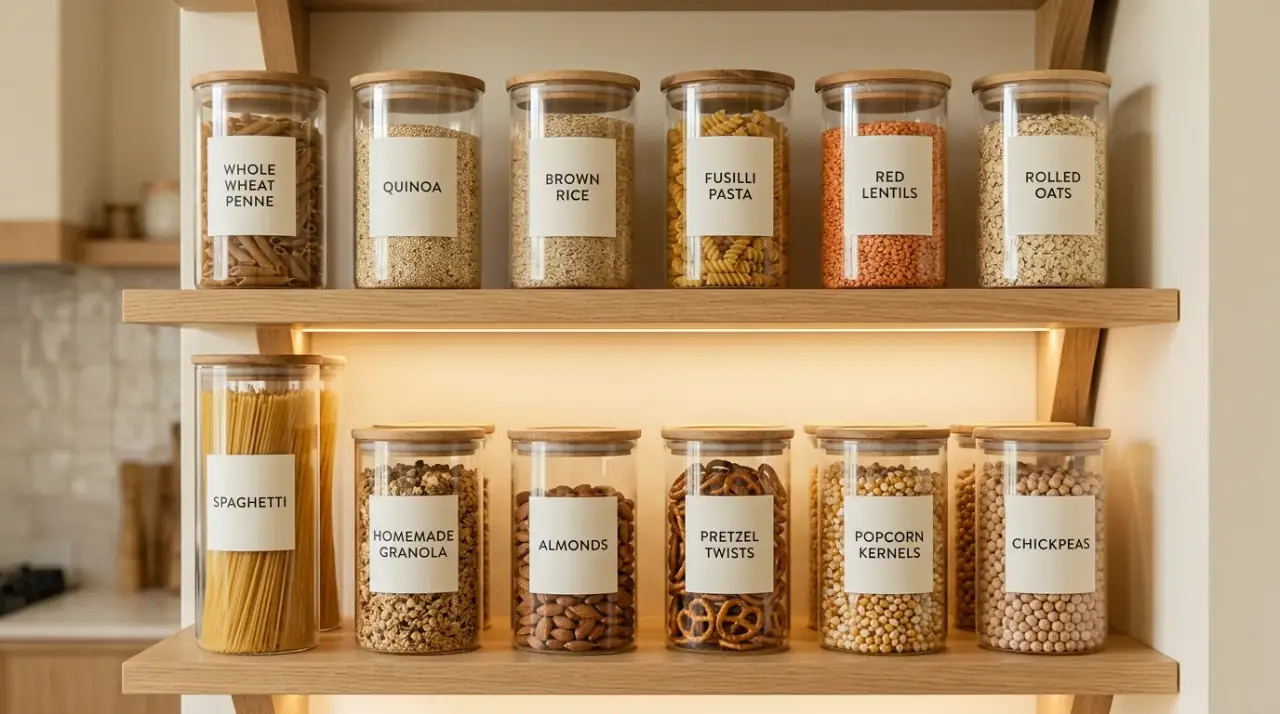 Labeled kitchen organization. Efficient kitchen system using labels for tidy maintenance.