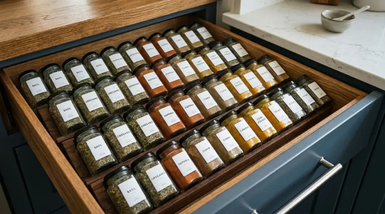 Countertop organization hack. Tidy efficient kitchen with edited countertop organization.