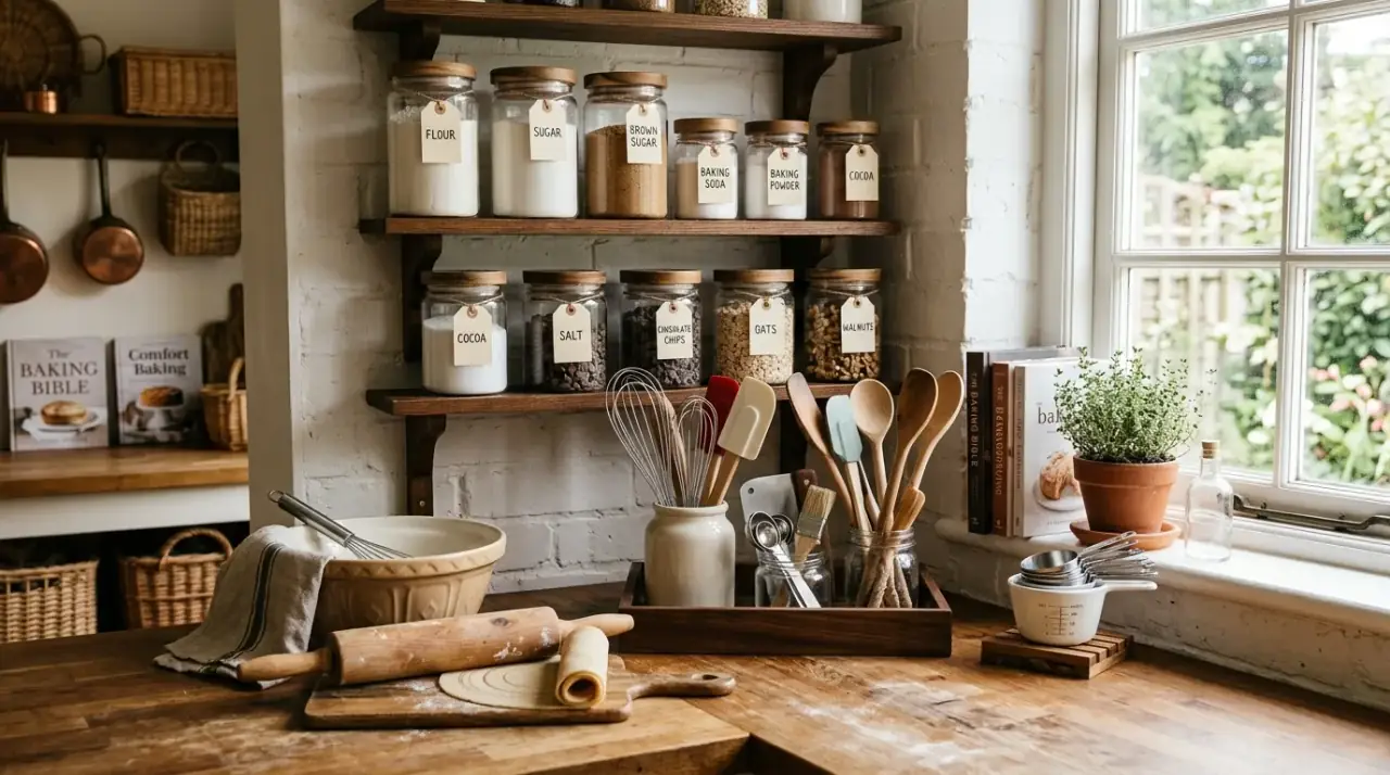 Backstock kitchen organization. Tidy kitchen storage system separating backstock from daily items.