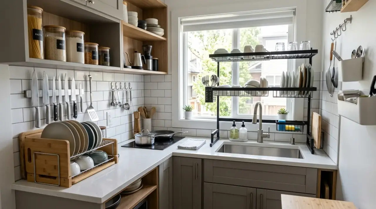 Kitchen organization reset. Efficient kitchen maintained through quick regular organization resets.