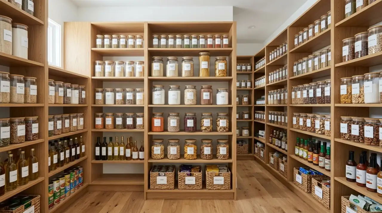 Clear pantry canisters. Accessible pantry using clear containers for everyday dry goods.