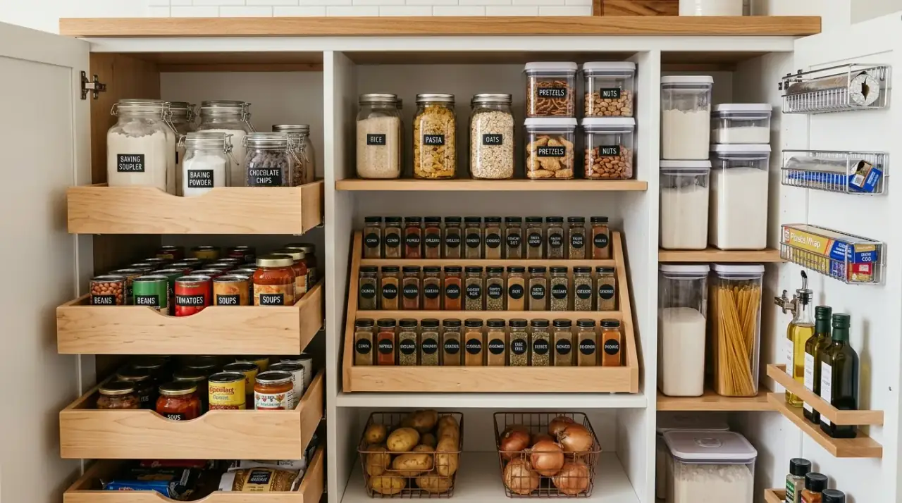 Accessible pantry shelf height. Tidy pantry with everyday items placed at the easiest reach level.