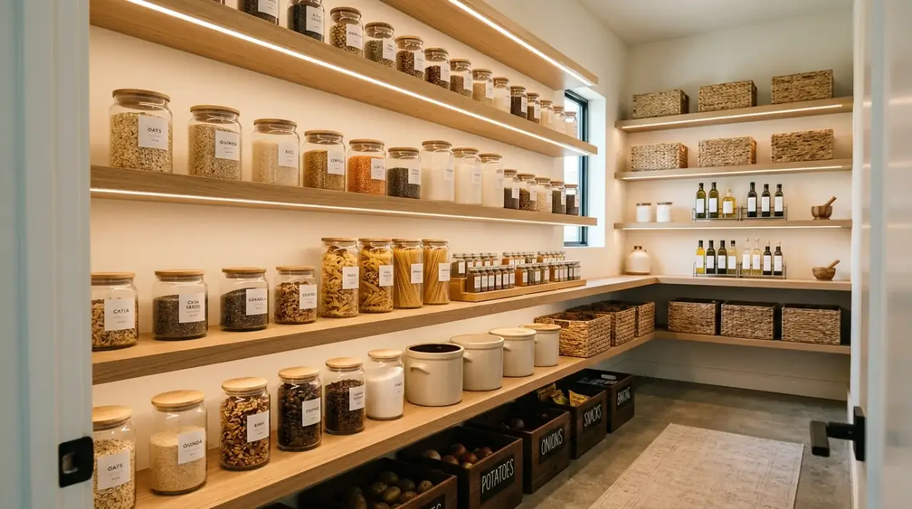 Pantry bins organization. Pantry shelves organized with bins for loose category storage.