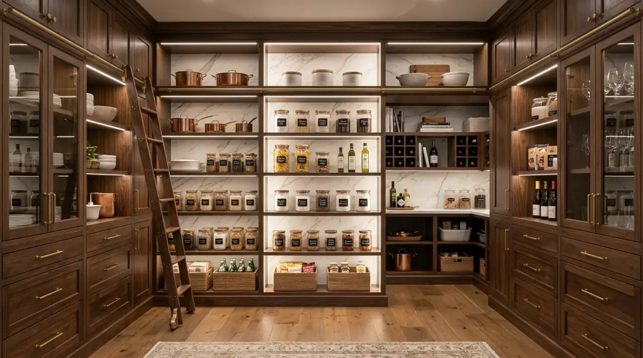 Pantry shelf risers. Tidy accessible pantry using risers to improve visibility on shelves.