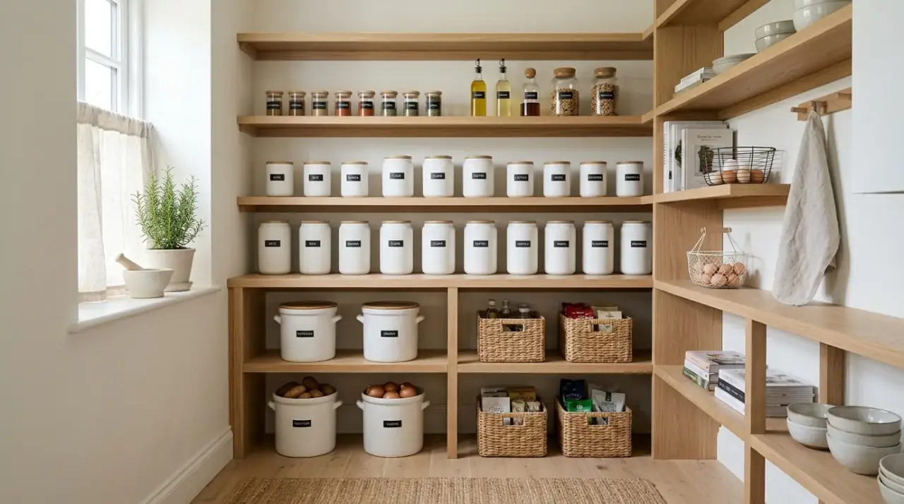 Kid snack pantry zone. Accessible pantry with a dedicated child-friendly snack section.