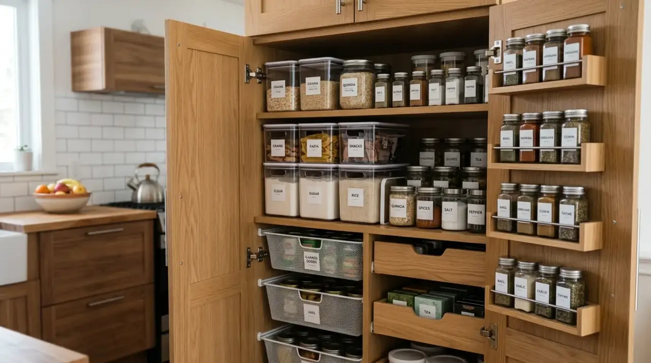 Pantry turntable storage. Tidy pantry using turntables for jars sauces and bottles.