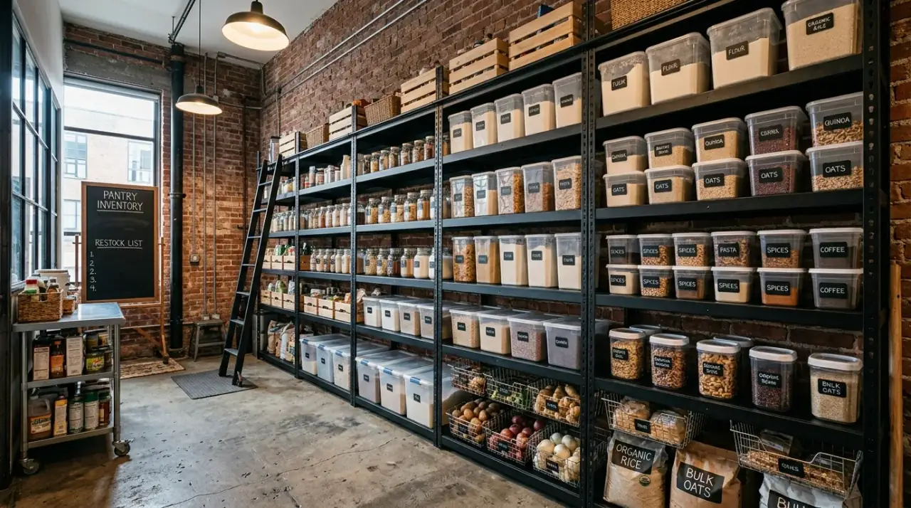 Backup stock pantry shelves. Organized pantry using top and bottom shelves for backup items.